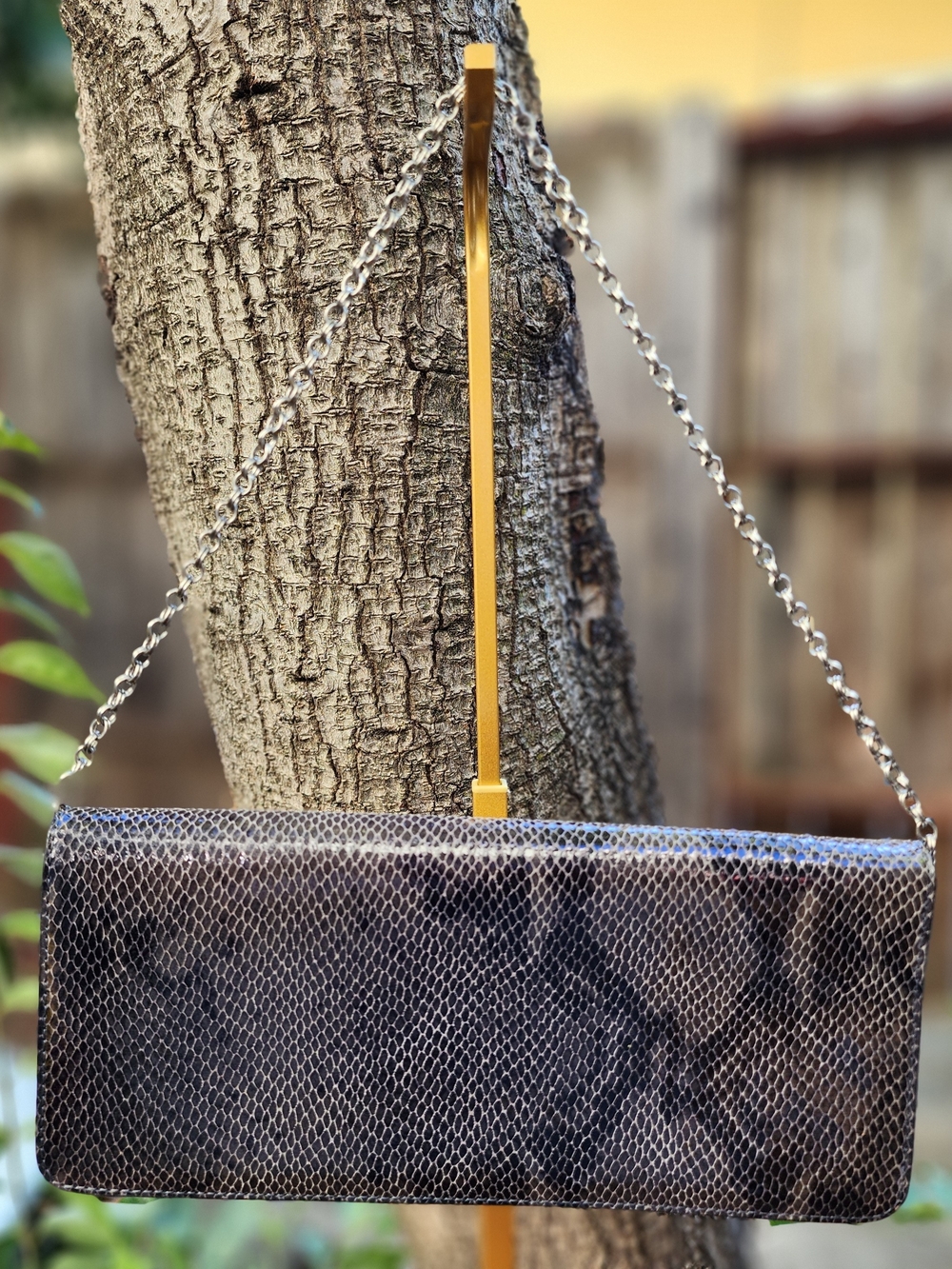 Ann Taylor Gray Snakeskin Patterned Convertible Clutch Bag Silver Chain Strap